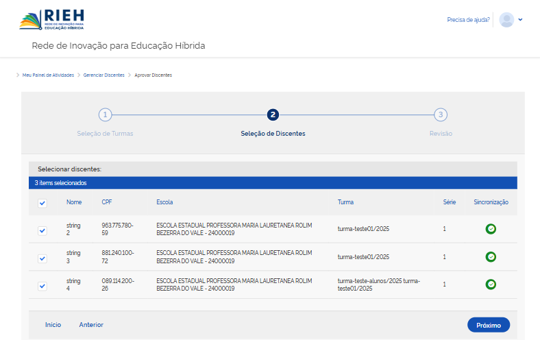 Listagem e seleção de discentes
