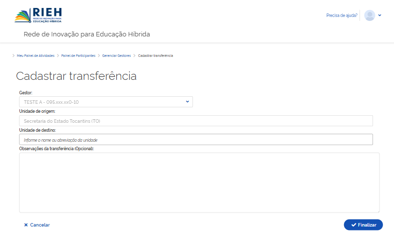 Formulário de transferência de gestores