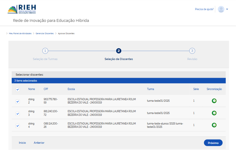 Listagem e seleção de discentes