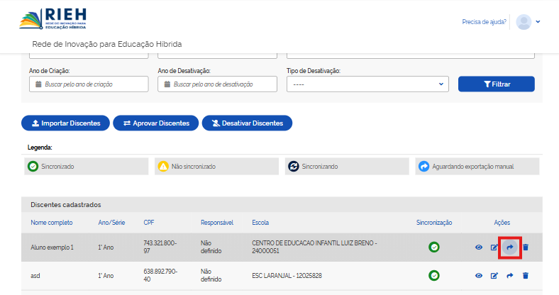 Transferência iniciada pela listagem de discentes
