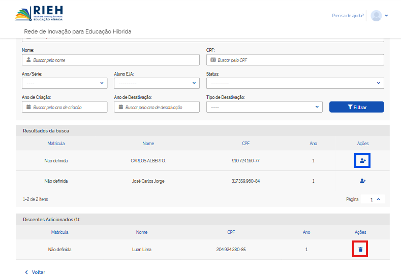 Adicionar Discentes à Turma formulario