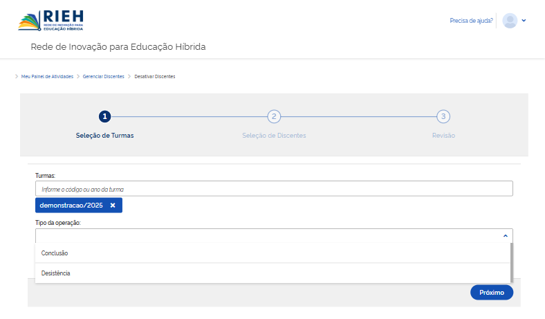 Seleção de turma e tipo de operação